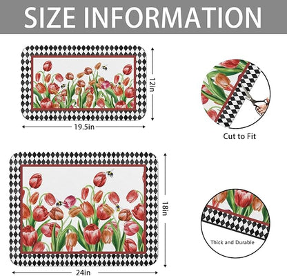 Dish Drying Mat for Kitchen Counter 2 Pack with Non-Slip Rubber Backing - Heat-Resistant Absorbent Coffee Bar Mat, Dish Rack Mat, Tulips Dish Drying Mats 18x24+19.5x12 inch