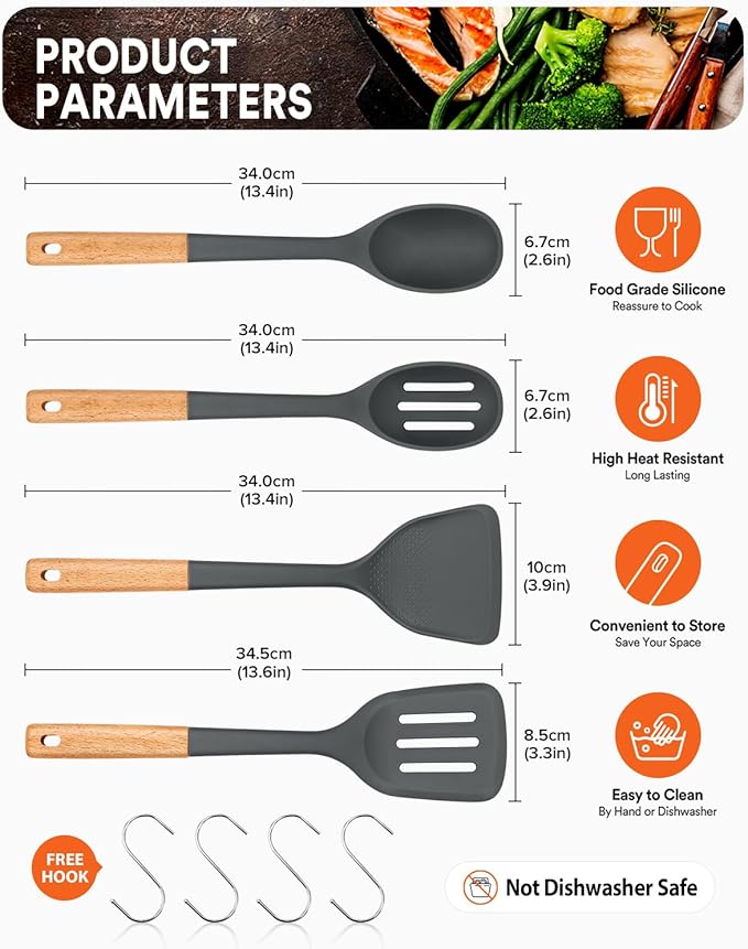 Silicone Cooking Utensils Set, Perfectly Angled for Frying, Mixing,Serving,Draining,Turning and Stirring, BPA-Free Matte Silicone, Wood Handles, Safe for Nonstick Cooking Surfaces,4 Pack (Grey) - Image 2