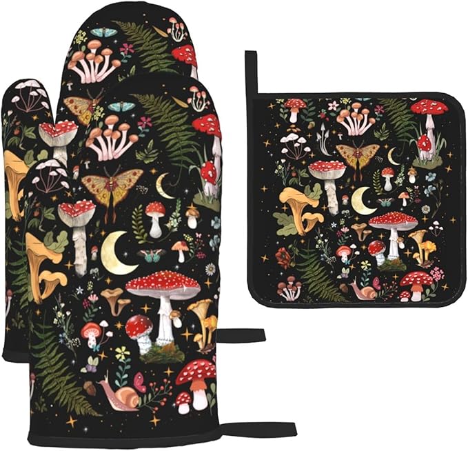 Mushroom Oven Mitts and Pot Holders Sets, Heat Resistant Black Hot Pads Witchy Oven Gloves for Cooking Grilling Baking Kitchen Decor Aesthetic, Witchy Gifts for Women,Mushroom Gifts for Women by Unknown