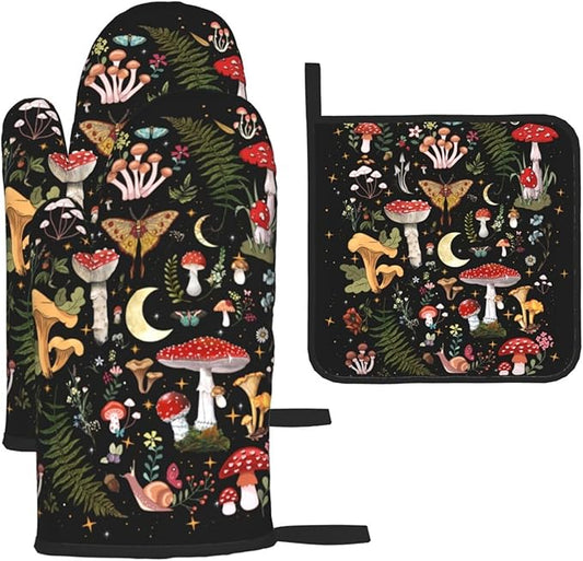 Mushroom Oven Mitts and Pot Holders Sets, Heat Resistant Black Hot Pads Witchy Oven Gloves for Cooking Grilling Baking Kitchen Decor Aesthetic, Witchy Gifts for Women,Mushroom Gifts for Women by Unknown