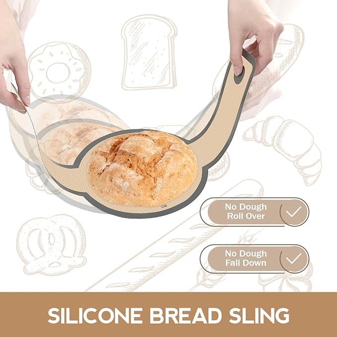 Silicone Bread Sling for Dutch Oven, Non-Stick & Easy to Clean Bread Baking Mat Set, 2 Pcs Reusable Bread Sling with Long Handle to Transfer Sourdough (Gray, Oval and Round) - Image 3