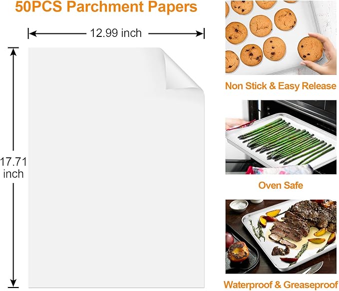 TeamFar Stainless Steel Baking Sheet, 17.6 x 13 x 1inch Half Baking Pan Cookie Sheets with Cooling Rack & 50PCS Parchment Papers for Baking/Roasting/Broiling, Healthy & Sturdy, Dishwasher Safe