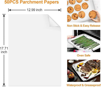 TeamFar Stainless Steel Baking Sheet, 17.6 x 13 x 1inch Half Baking Pan Cookie Sheets with Cooling Rack & 50PCS Parchment Papers for Baking/Roasting/Broiling, Healthy & Sturdy, Dishwasher Safe