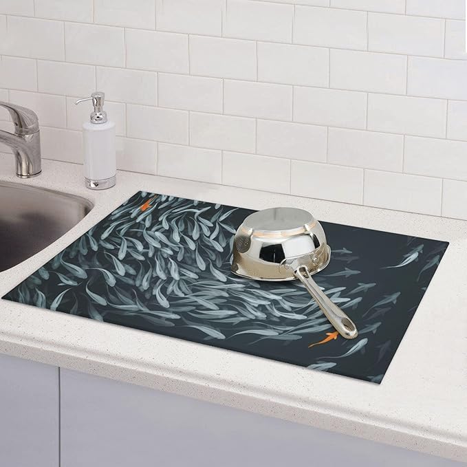 Japanese Fish Dish Drying Mat 18x24 Inch, Microfiber Absorbent Fast Dry Mat Artistic Painting of Fish Large Dish Mat Drying Kitchen Mat, Kitchen Drying Pad for Kitchen Counter Coffee Bar Decor