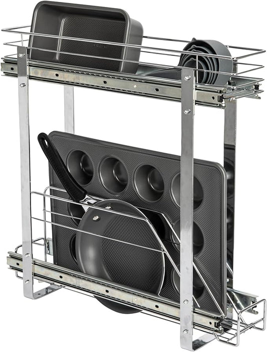 Household Essentials Glidez Multipurpose Chrome-Plated Steel Pull-Out/Slide-Out Storage Organizer for Cookware and Bakeware - 2-Tier Design - Fits Standard Size Cabinet or Shelf, Chrome