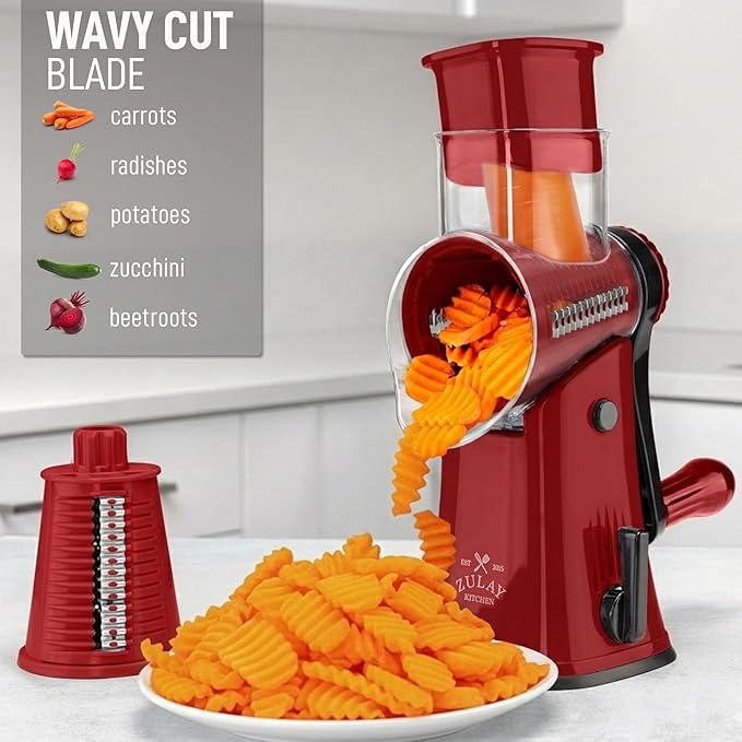 Zulay Kitchen Rotary Cheese Grater 5 Blade Cheese Shredder - Manual Hand Crank Cheese Grater With Reinforced Suction & 5 Interchangeable Drums - Easy to Use, Vegetable Chopper Round Mandoline Slicer - Image 4