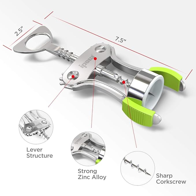IPOW Wine Opener, Zinc Alloy Wine Bottle Opener, Wing Corkscrew Heavy Duty, Manual Multifunctional Cork Screw for Waiter, Green - Image 6