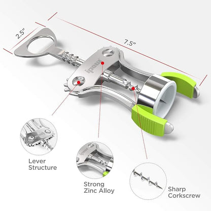 IPOW Wine Opener, Zinc Alloy Wine Bottle Opener, Wing Corkscrew Heavy Duty, Manual Multifunctional Cork Screw for Waiter, Green - Image 6