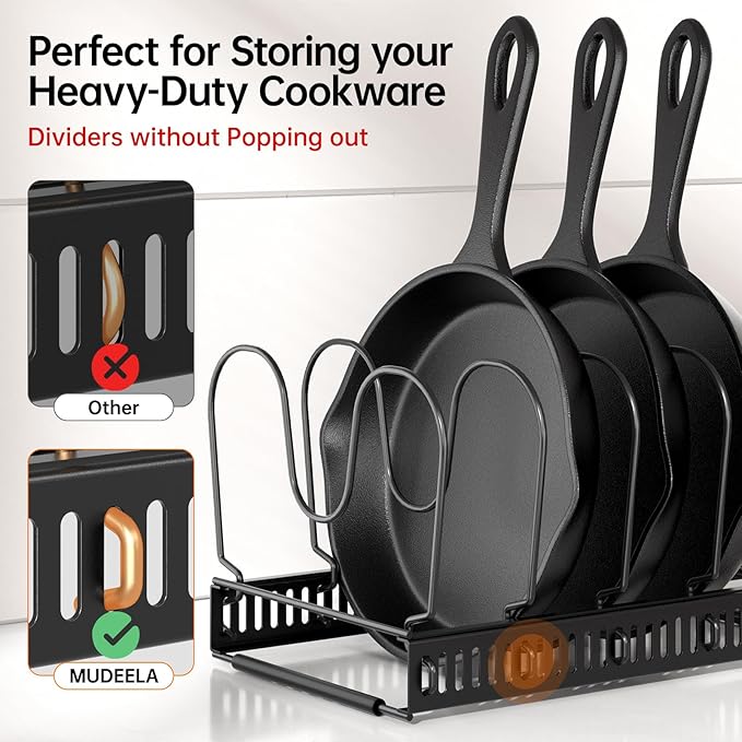 MUDEELA Expandable Pots and Pans Organizer Rack under Cabinet, Pots Lid Organizer Rack for Kitchen Cabinet Organizers and Storage with 12 Adjustable Dividers Cutting Board Holder & Anti-Scratch Strips - Image 3