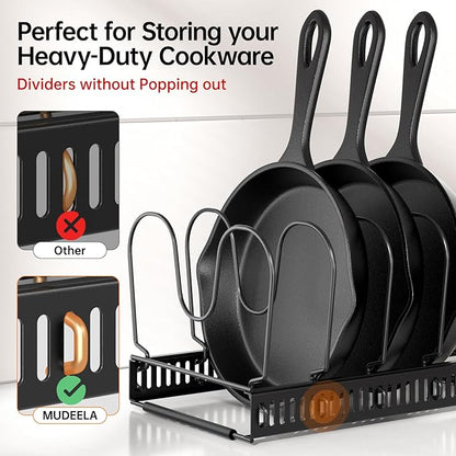 MUDEELA Expandable Pots and Pans Organizer Rack under Cabinet, Pots Lid Organizer Rack for Kitchen Cabinet Organizers and Storage with 12 Adjustable Dividers Cutting Board Holder & Anti-Scratch Strips - Image 3