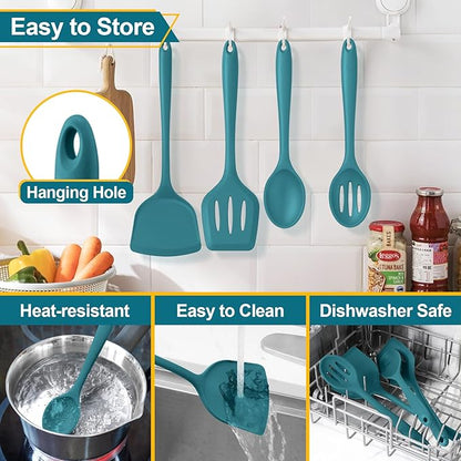 P&P CHEF Kitchen Utensil Set, 4 Pieces Non-stick Silicone Cooking Utensils, Heat-resistant Slotted Solid Spoon Turner for Frying, Mixing, Serving, Non-toxic & Easy to Clean, Blue - Image 7