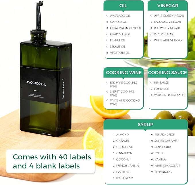 WISIMMALL Olive Oil Dispenser Bottle For Kitchen, 17OZ UV-Blocking Oil And Vinegar Dispenser Set Of 2, Soy Sauce Cooking Oil Dispenser with 2 Stainless Steel Pourers & 44 Labels - Image 6