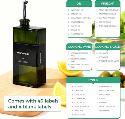WISIMMALL Olive Oil Dispenser Bottle For Kitchen, 17OZ UV-Blocking Oil And Vinegar Dispenser Set Of 2, Soy Sauce Cooking Oil Dispenser with 2 Stainless Steel Pourers & 44 Labels - Image 6
