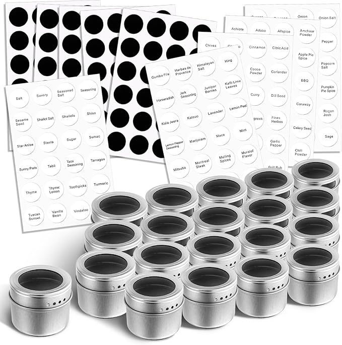 Bekith 20 Pack Magnetic Spice Jars, Magnetic Spice Containers for Refrigerator, Seasoning Tins with Clear Top Lid, 240 PVC Spice Label Set - Image 5