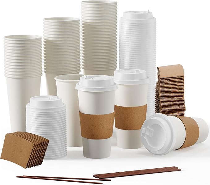 JOLLY PARTY [50 Pack] 20 oz Paper Coffee Cups, Disposable Paper Coffee Cup with Lids, Sleeves, and Stirrers, Hot/Cold Beverage Drinking Cup for Water, Juice or Tea, Suitable for Home, Shops and Cafes by JOLLYPARTY