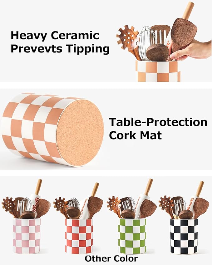Utensil Holder，7.2 Inch Checkered Utensil Holder, Ceramic Cooking Utensil Spoon/Spatula Holder for Countertop, Kitchen Decor and Accessories for counte(Brown) - Image 2
