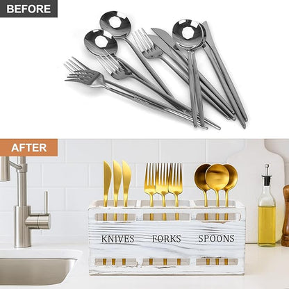 Farmhouse Wooden Utensil Caddy Party Cutlery Silverware Holder Small Wood Utensil Holder for Kitchen Counter Decor Flatware Cutlery Organizer Table Flatware Silverware Caddy Spoon and Fork Organizer - Image 7