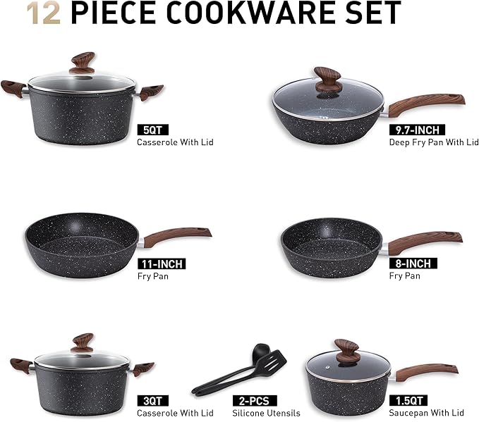 MAISON ARTS Pots and Pans Set Non Stick, 12 Piece Black Granite Kitchen Cookware Induction Compatible, Pot and Pan Sets for Cooking Nonstick - Image 2