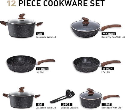 MAISON ARTS Pots and Pans Set Non Stick, 12 Piece Black Granite Kitchen Cookware Induction Compatible, Pot and Pan Sets for Cooking Nonstick - Image 2