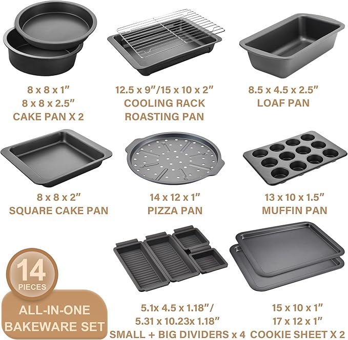 HONGBAKE Bakeware Sets, Baking Pans Set with Reusable Silicone Sheet Trays Dividers, Nonstick Oven Pan with Wider Grips, 14-Piece Including Rack, Cookie Sheet, Cake, Loaf, Muffin, Pizza Pan - Image 3