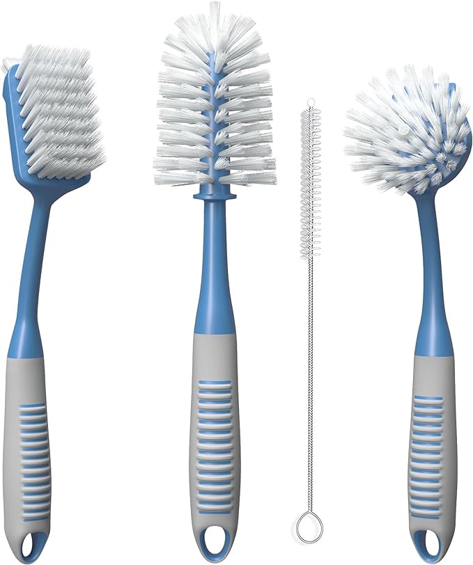 Dish Brush Set of 4 - Kitchen Scrub Brushes with Non-Slip Long Handle for Cleaning, Scrubber, Dishwashing, Dishes, Bottles, Straws, Cups, Pots & Sink, Blue by TrazonProducts
