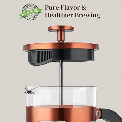 Veken French Press Coffee Maker 21oz 0.6 L, Single Serve Small Pot, Heat Resistant Thickened Borosilicate Glass, Stainless Steel Brewer, Cold Brew Cafetera Teapot for Kitchen Travel Camping, Copper - Image 2