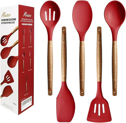 Kitchen Utensils Set, Silicone Cooking Utensils Set,Non-Stick Silicone Spatula Set with Natural Acacia Hard Wood Handle, 5 Piece, Upgraded Thickened Cookware by Miusco