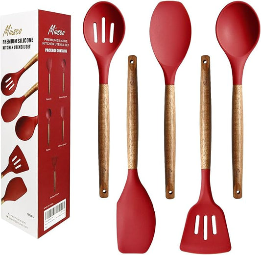 Kitchen Utensils Set, Silicone Cooking Utensils Set,Non-Stick Silicone Spatula Set with Natural Acacia Hard Wood Handle, 5 Piece, Upgraded Thickened Cookware by Miusco