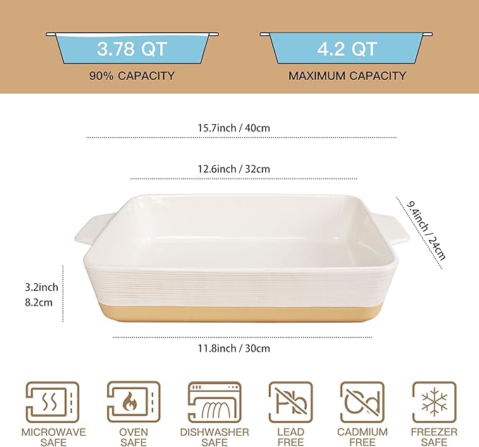 Dafuceramic Casserole Dish for Oven, 4.2 QT Baking Dish, 9x13 Large Porcelain Baking Pan, Durable Rectangular Lasagna Pan Deep with Handles, Microwave Oven Safe, Home Decor, Wedding Gift (Khaki & White) - Image 2