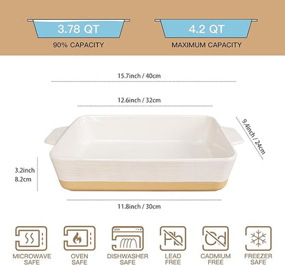 Dafuceramic Casserole Dish for Oven, 4.2 QT Baking Dish, 9x13 Large Porcelain Baking Pan, Durable Rectangular Lasagna Pan Deep with Handles, Microwave Oven Safe, Home Decor, Wedding Gift (Khaki & White) - Image 2