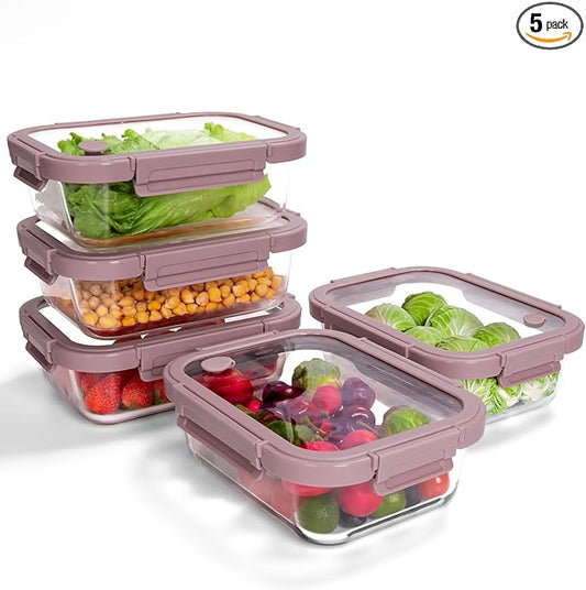 5-Pack Borosilicate Glass Containers with Tempered Lids, 35.2oz/4.4 Cup Airtight Meal Prep Set, Microwave/Freezer Safe (Pink) by BOROHOUSE
