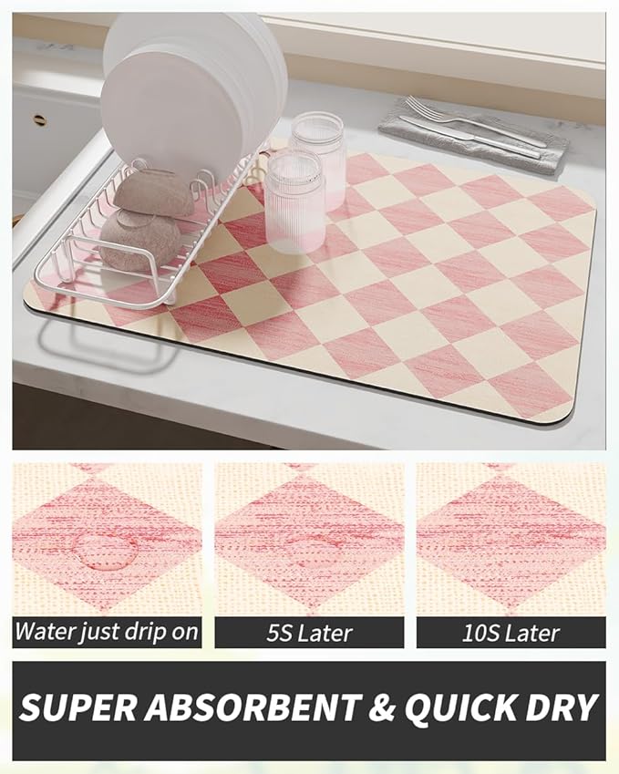 AMOAMI Coffee Mat Hide Stain Rubber Backed Absorbent Dish Drying Mat for Kitchen Counter - Fits Under Coffee Maker or Machine - PINK 17x31.5 - Image 3