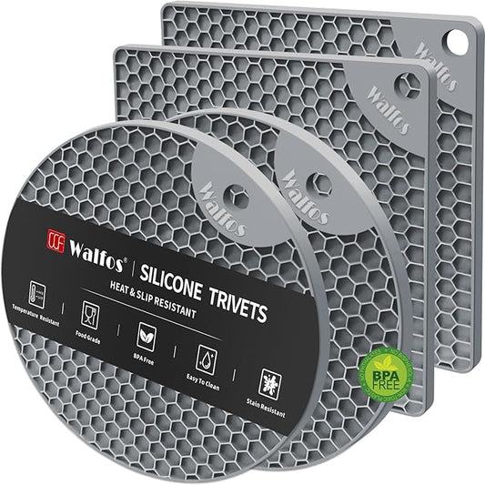 Walfos Silicone Trivet Mats - 4 Heat Resistant Pot Holders, Multipurpose Non-Slip Hot Pads for Kitchen Potholders, Hot Dishers, Jar Opener, Spoon Holder, Food Grade Silicone & BPA Free (Nordic Grey)