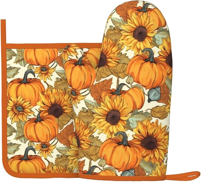 Fall Pumpkin Sunflower Silicone Oven Mitts Pan Mats Set of 2, Heat Resistant Gloves Potholder with Non-Slip Grips Hanging Loops Pot Holder, Spring Summer for Chef Cooking, Baking, Grilling, BBQ