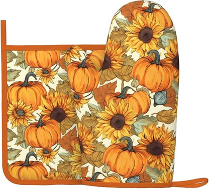 Fall Pumpkin Sunflower Silicone Oven Mitts Pan Mats Set of 2, Heat Resistant Gloves Potholder with Non-Slip Grips Hanging Loops Pot Holder, Spring Summer for Chef Cooking, Baking, Grilling, BBQ