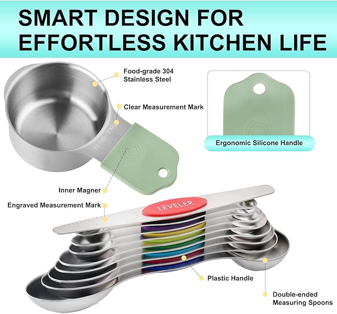 16 Pcs Magnetic Measuring Cups and Spoons Set,Stackable Metal Measure Cup for Measuring Dry and Liquid Ingredients,Kitchen Dry Food, Cooking Baking Measurements - Image 2