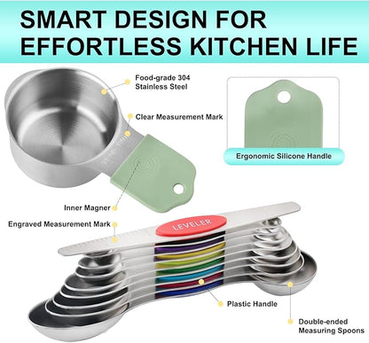 16 Pcs Magnetic Measuring Cups and Spoons Set,Stackable Metal Measure Cup for Measuring Dry and Liquid Ingredients,Kitchen Dry Food, Cooking Baking Measurements - Image 2