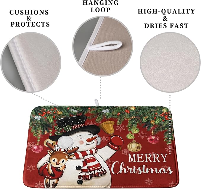 Christmas Dish Drying Mats for Kitchen Counter 16x18 Cute Snowman Red Dish Drying Pad for Dishes Winter Xmas Holiday Dish Draining Mat Absorbent Microfiber Dish Drainer Rack Mats - Image 3