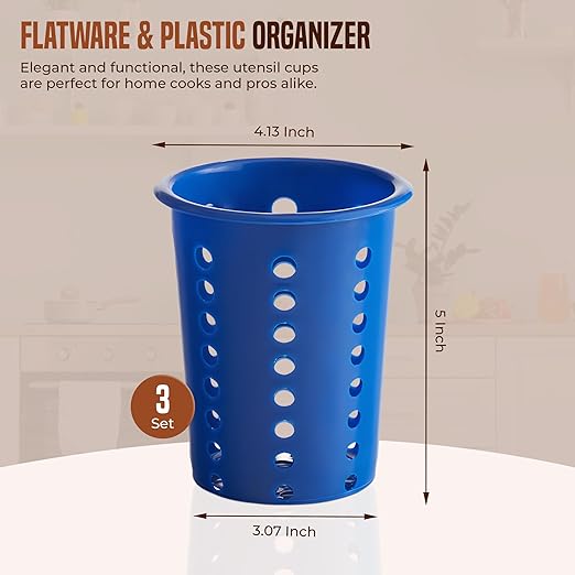 OCS Parts Perforated Utensil Drying Cups | Blue | Set of 3 | Plastic Flatware Holder Cylinders for Kitchen Counter Organization - Image 2