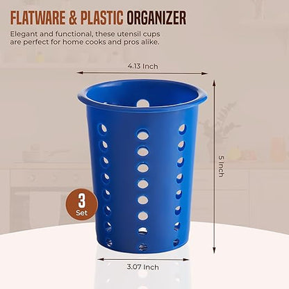 OCS Parts Perforated Utensil Drying Cups | Blue | Set of 3 | Plastic Flatware Holder Cylinders for Kitchen Counter Organization - Image 2