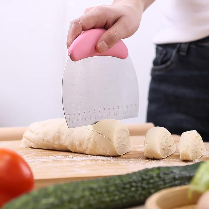 1 pcs Dough Pastry Scraper Chopper/Stainless Steel Dough Scraper Cutter with Ergonomic Rubber Non-Slip Grip/Dough Scraper Cutter/Pro Pastry Pizza Cutter Chopper (Pink) - Image 7