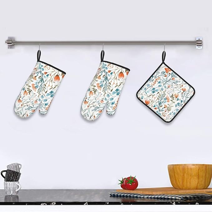 Teal Orange Watercolor Floral Oven Mitts and Pot Holders Sets of 3, Heat Resistant Non-Slip Washable, Chef Cooking Baking Gifts for Women Bakers, Burnt Orange Blue Green Flowers Charming Kitchen Decor - Image 2