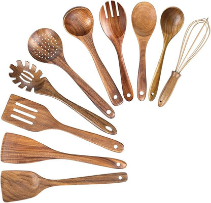 AIUHI 10 Pack Wooden Spoons for Cooking, Teak Wood Kitchen Utensils Set for Non Stick Use, Spatula Set for Stirring, Baking, Non Stick Wooden Utensils for Kitchen - Image 8