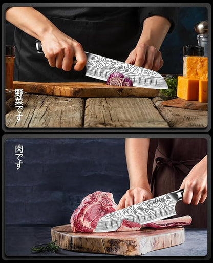 MOSFiATA Santoku Knife- 7 Inch Vegetable Knife Ultra Sharp Chopping Knife- Forged EN.4116 German Steel- Including Sheath,Finger Guard,Knife Sharpener,Full Tang,Best Gifts with Handmade Gift Box - Image 6
