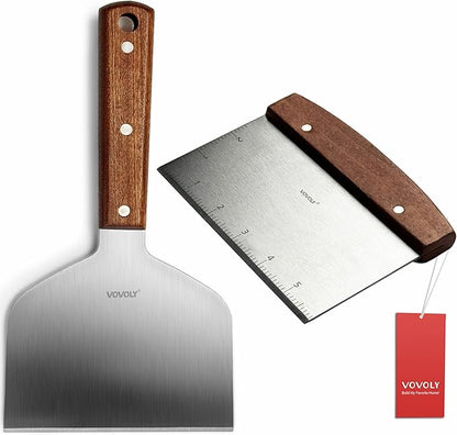 Vovoly Multipurpose Bench Scraper Kitchen Utensil for Flat Top Griddle, Dough Cutter for Bread and Pizza Dough - Stainless Steel Metal Griddle Scraper Chopper by VOVOLY