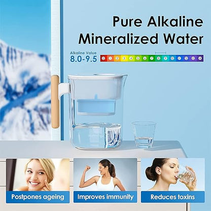 Waterdrop PT-04C-A Alkaline Water Filter Pitcher, 10-Cup Capacity, Healthy, Clean & Toxin-Free Mineralized Alkaline Water, Up to pH 9.5, BPA-Free, 100 Gallons, Sturdy Wooden Handle, Clear