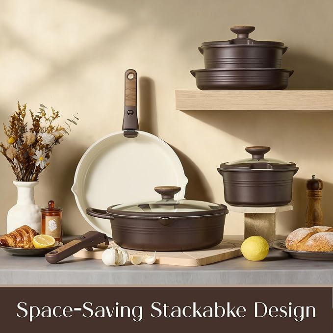 CAROTE 22Pcs Titanium Cookware Set, Pots and Pans Set Non Stick, Kitchen Cooking Set with Detachable Handle, Non Toxic Induction Cookware, Dishwasher/Oven Safe, Browm - Image 6