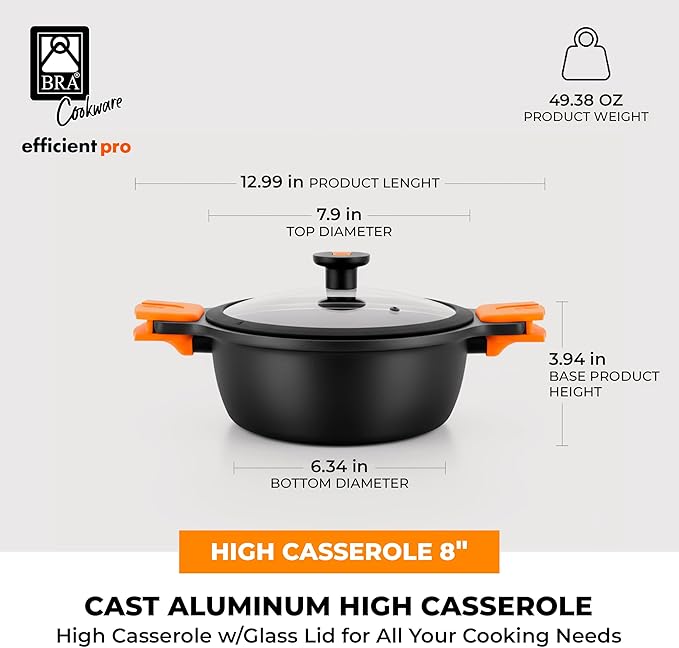 BRA COOKWARE Efficient Pro Nonstick Stock Pot w/Lid | 8 Inch 3.2 Quart Cooking Pot | 3-Layer Scratch Resistant Coating | PFOA Free Deep Pot | All Cooktops | Oven Safe up to 425°F (w/o Lid-Handles)