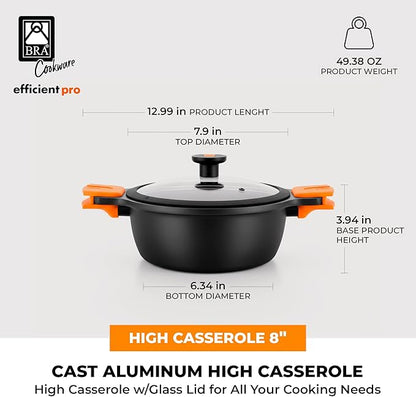 BRA COOKWARE Efficient Pro Nonstick Stock Pot w/Lid | 8 Inch 3.2 Quart Cooking Pot | 3-Layer Scratch Resistant Coating | PFOA Free Deep Pot | All Cooktops | Oven Safe up to 425°F (w/o Lid-Handles)