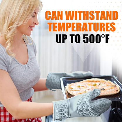 Silicone Oven Mitts, Heat Resistant 2PCS Oven Mitts with Soft Cotton Lining, Waterproof Non-Slip Grip Oven Glove, Kitchen Potholder Mits for BBQ, Baking, Cooking, 12.5 Inch - Grey - Image 7